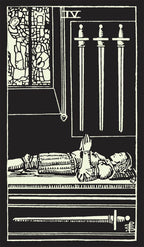Illustration of a figure lying down with three swords above, on a black background