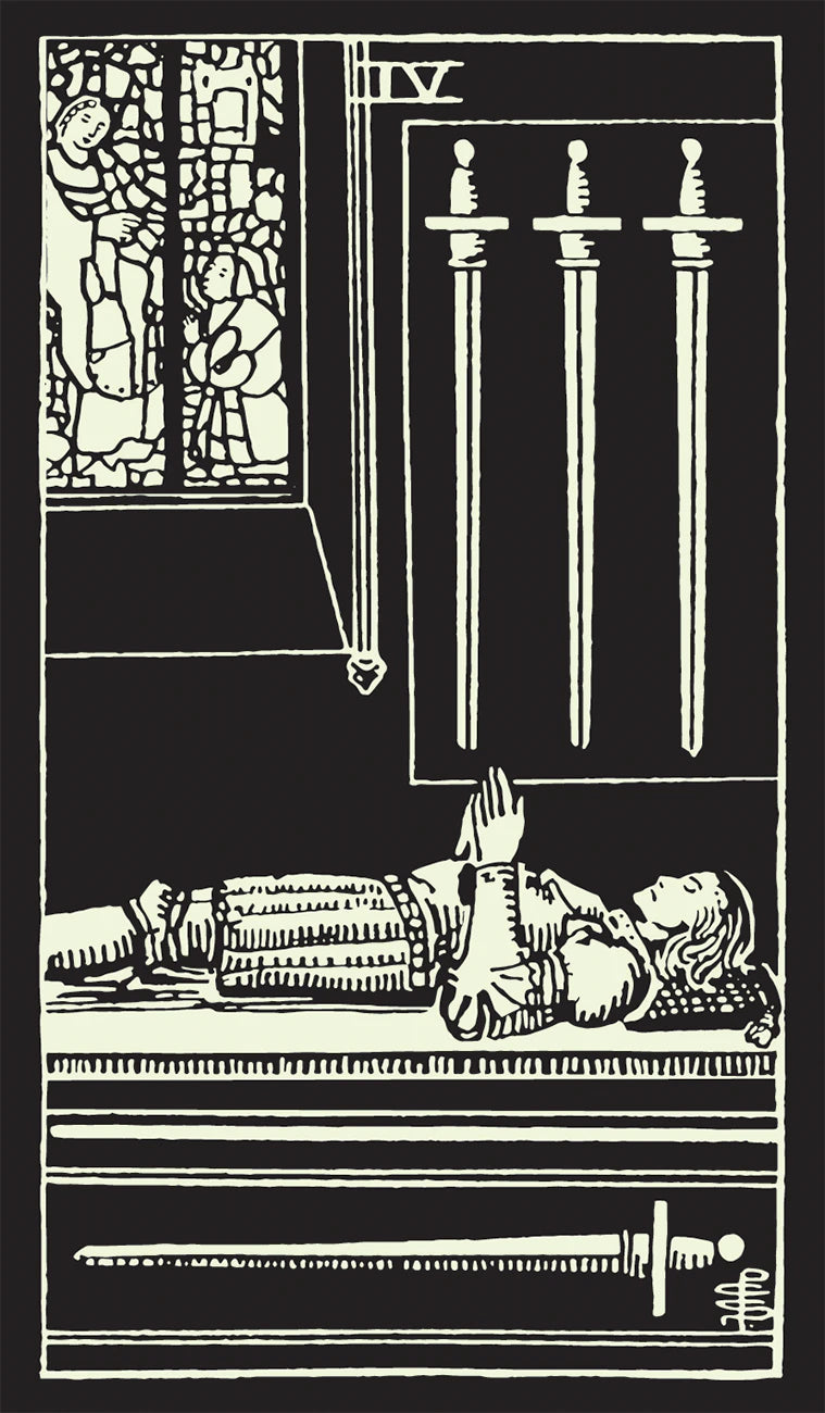 Illustration of a figure lying down with three swords above, on a black background