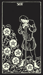 Tarot card with a figure holding a staff and pentacle symbols on a black background