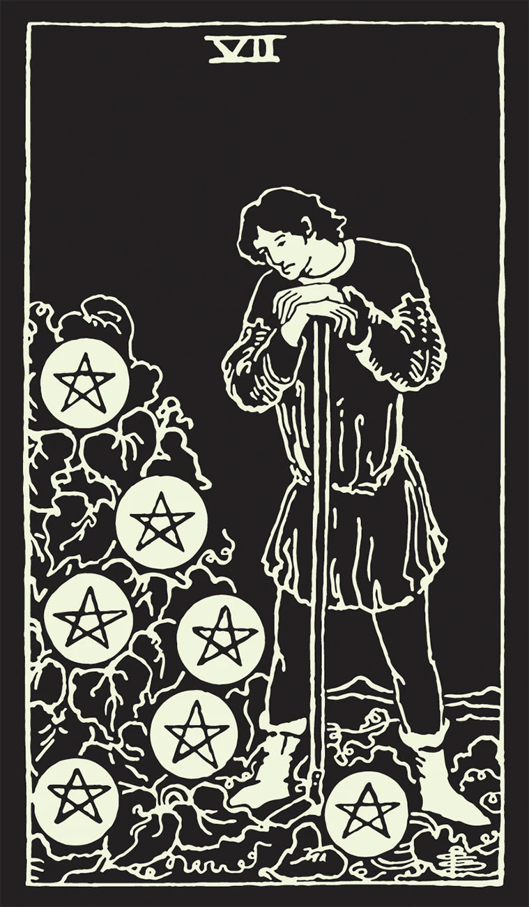 Tarot card with a figure holding a staff and pentacle symbols on a black background