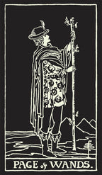 Illustration of 'Page of Wands' from a tarot card, with a person holding a staff against a black background.