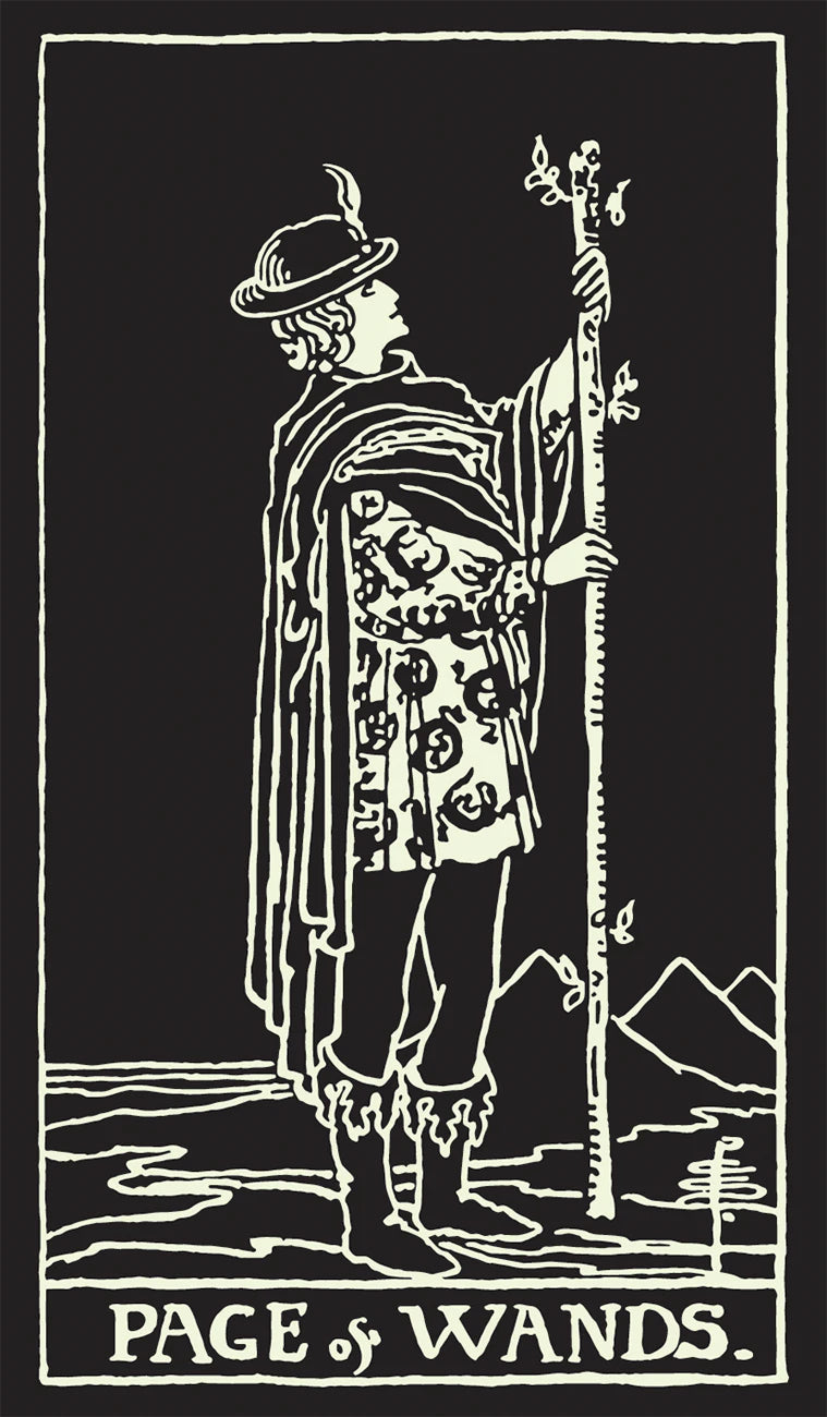 Illustration of 'Page of Wands' from a tarot card, with a person holding a staff against a black background.