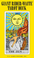 Tarot card featuring 'The Sun' with a yellow background, U.S. Games Systems, Inc. branding.