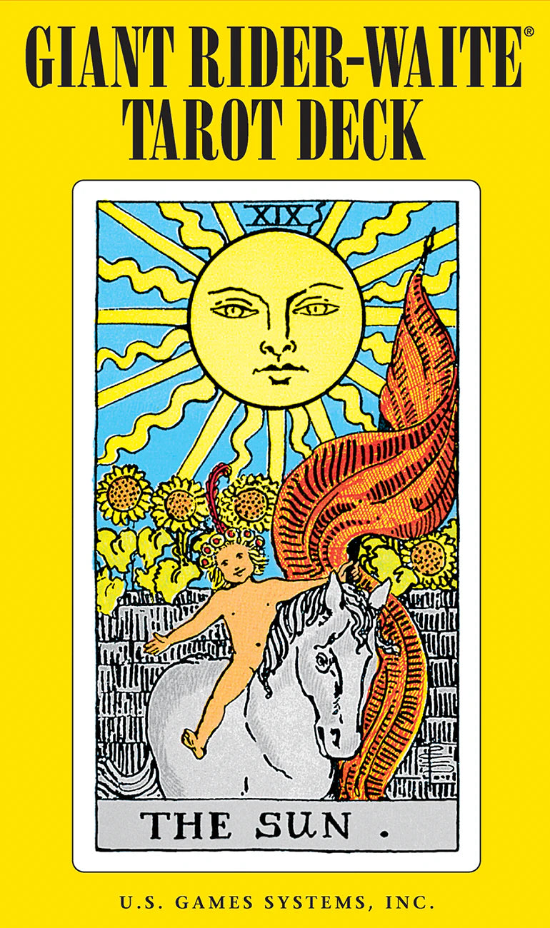 Tarot card featuring 'The Sun' with a yellow background, U.S. Games Systems, Inc. branding.