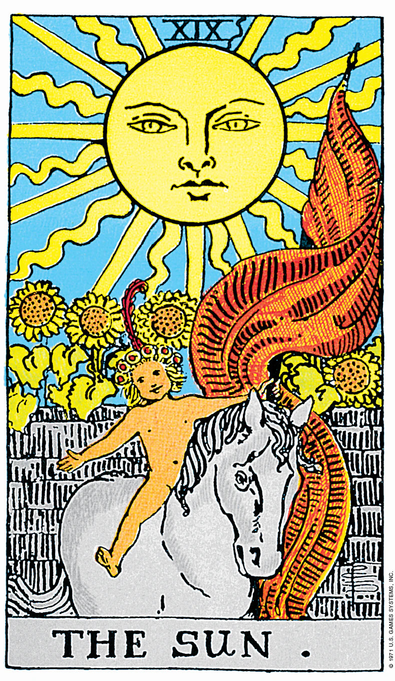 Tarot card featuring a sun with a face, a horse, and a person with a crown, labeled 'The Sun'.