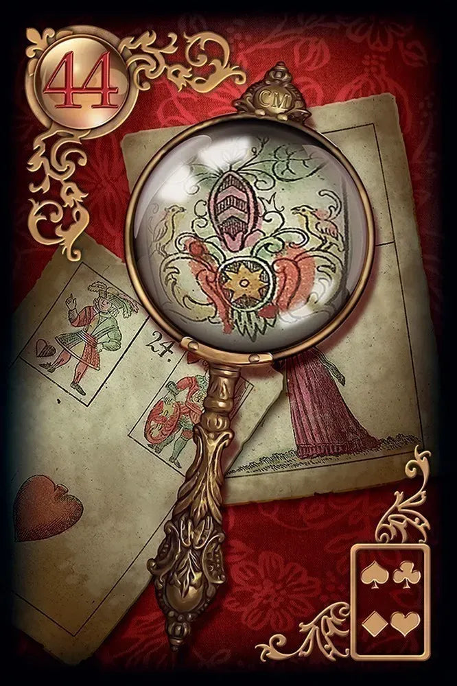 Decorative magnifying glass with intricate design on a red background with playing cards.