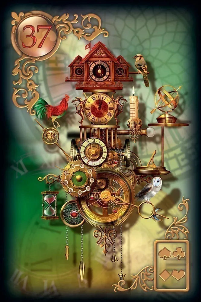 Decorative clock with intricate designs and mechanical elements on a green background