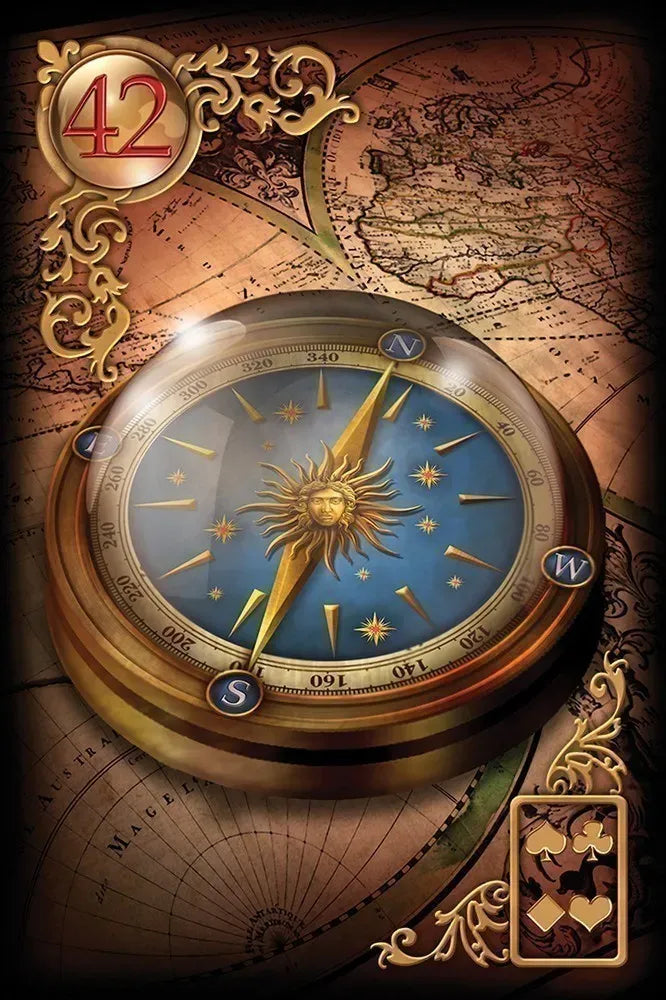 Decorative compass with sun design on a vintage map background