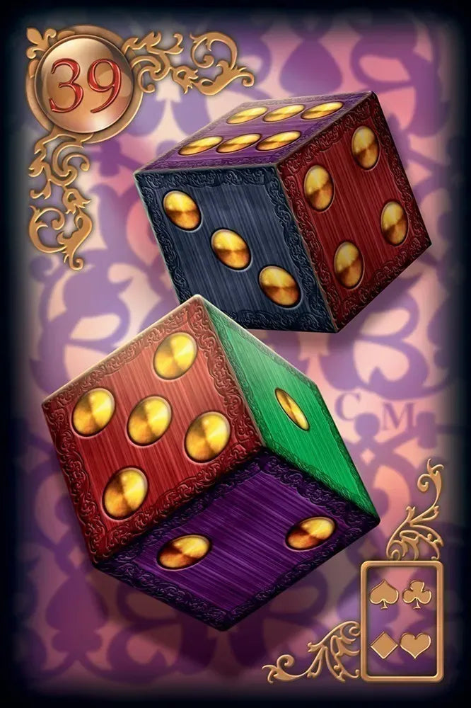 Decorative dice with gold numbers on a purple background