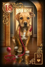 Dog with a red leash in front of a decorative archway