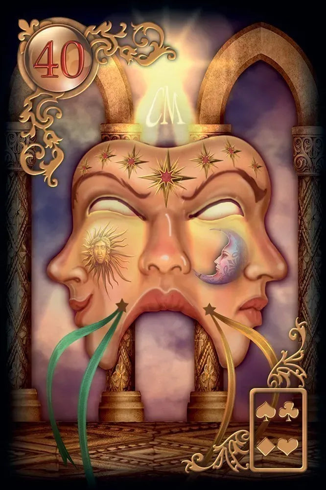 Artistic depiction of a face with decorative elements and a number 40, possibly inspired by tarot cards or fantasy design.