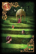 Maze with people and a gazebo, decorated with decorative elements and card symbols.
