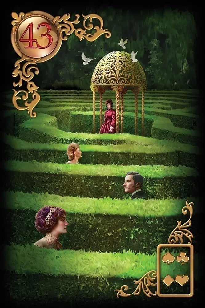 Maze with people and a gazebo, decorated with decorative elements and card symbols.