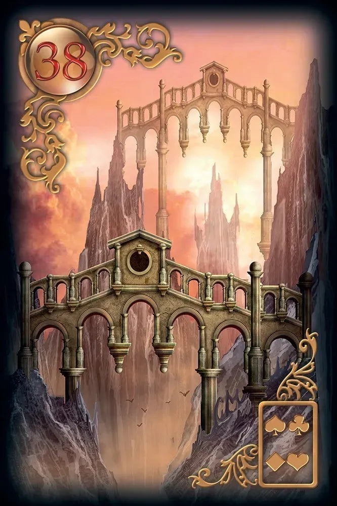 Decorative card with a fantasy-style bridge and castle, featuring the number 38 and card symbols.