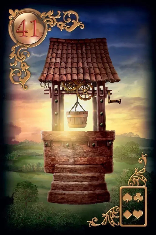 Wooden well with a basket, surrounded by decorative elements and a scenic background.