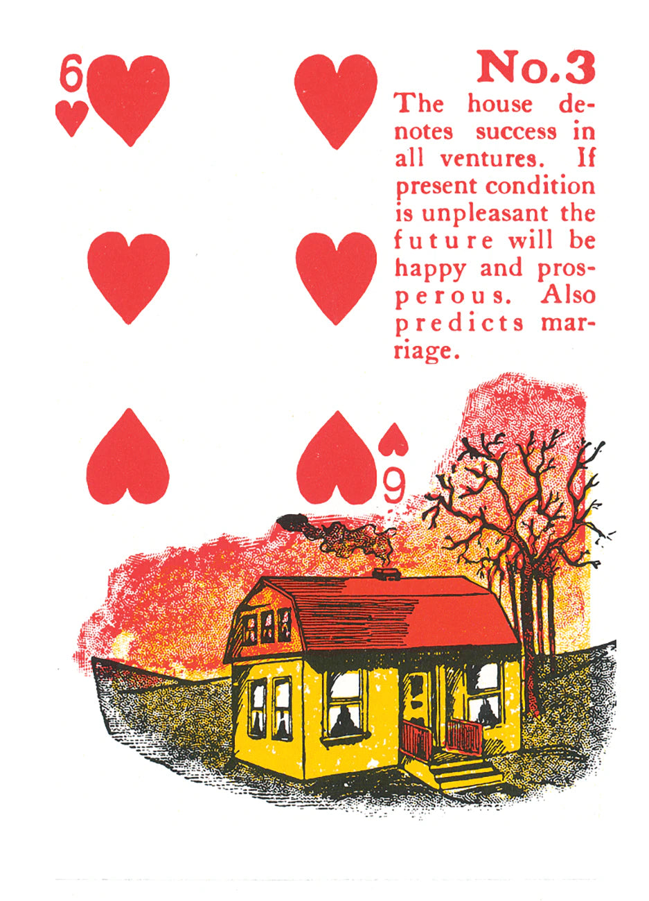 Card with a house illustration and red hearts, featuring text about house symbolism.