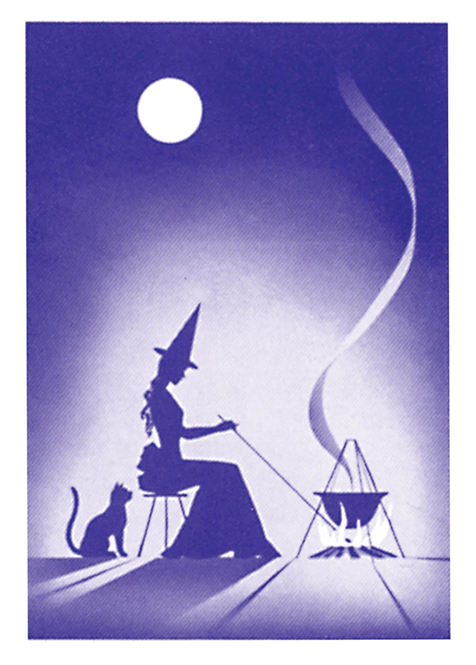 Silhouette of a witch by a broomstick with a full moon in the background