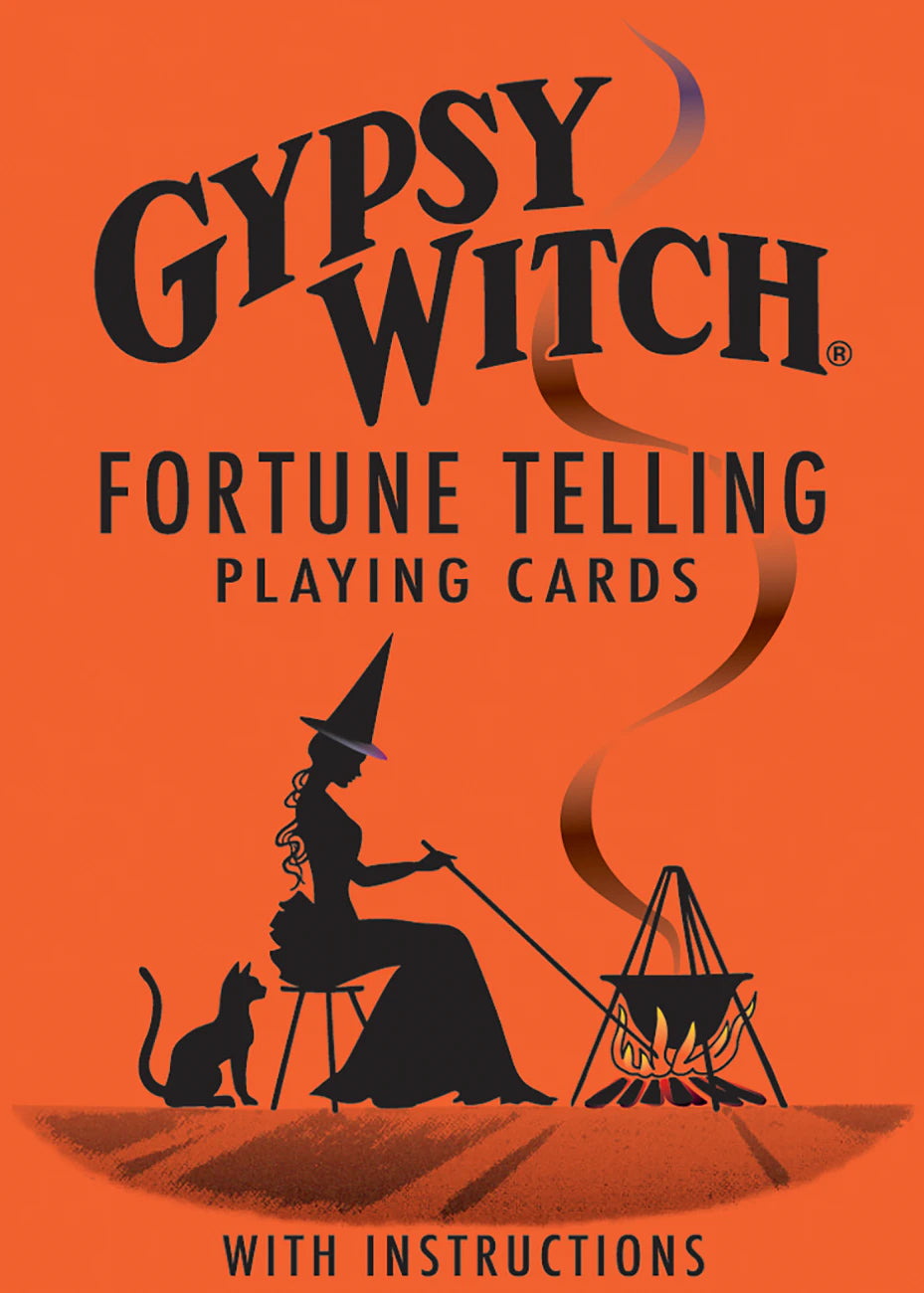 Gypsy Witch Fortune Telling Playing Cards packaging with a witch and cat silhouette on an orange background.