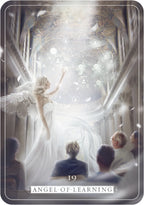 A tarot card titled 'Angel of Learning' showing a glowing angel in a white gown with wings, reaching toward floating knowledge symbols in a bright hall, with seated figures below. The card has a rounded border and the number 19 at the bottom.