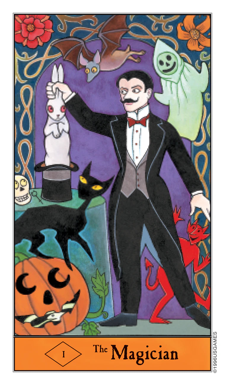 Magician tarot card with Halloween-themed elements