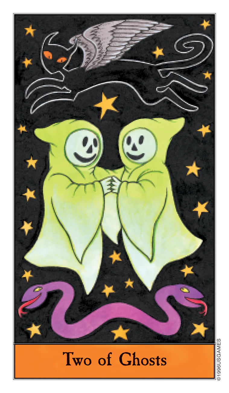 Card featuring two green ghosts with a snake and a bat, labeled 'Two of Ghosts'.