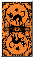Halloween-themed design with black cats, pumpkins, and an eye on an orange background.