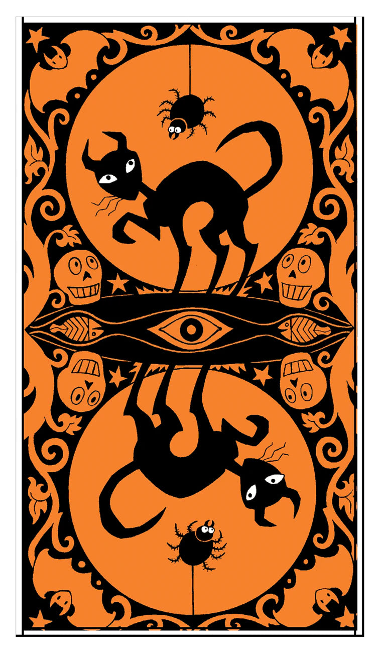 Halloween-themed design with black cats, pumpkins, and an eye on an orange background.