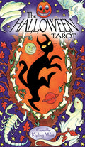 Cover of 'The Halloween Tarot' with a black cat, pumpkins, and other Halloween elements.