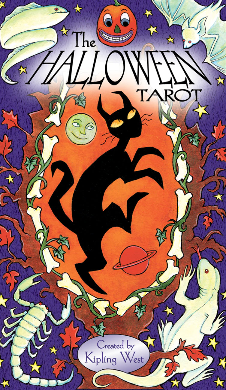 Cover of 'The Halloween Tarot' with a black cat, pumpkins, and other Halloween elements.