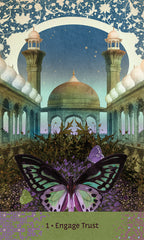 Decorative card with a butterfly, architectural design, and text '1 - Engage Trust' on a blue and green background.