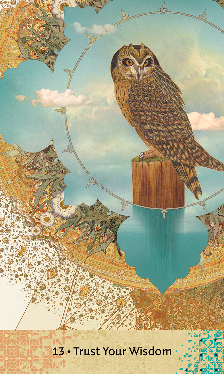 Owl on a perch with decorative patterns and 'Trust Your Wisdom' text