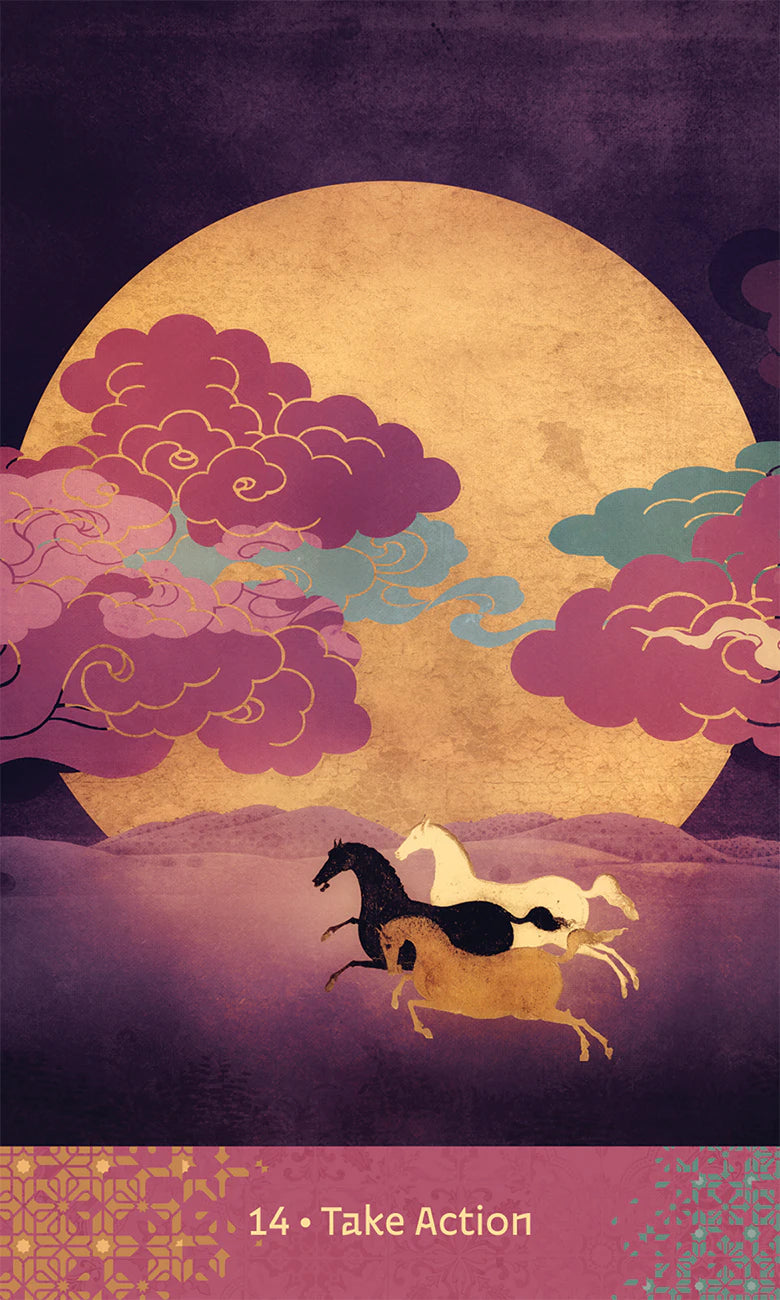 Two horses running in a landscape with a large moon and clouds, featuring the text '14 Take Action'.