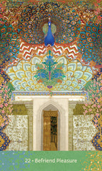 Decorative book cover with peacock design and text '22 Befriend Pleasure'.