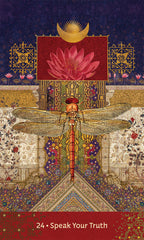 Decorative card with a dragonfly, lotus flower, and celestial design on a dark blue background.