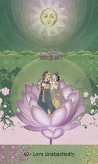 Illustration of a couple on a large purple lotus flower with a castle and floral elements in the background.