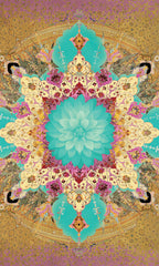 Decorative pattern with floral and geometric elements on a gold and purple background