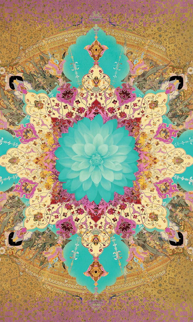Decorative pattern with floral and geometric elements on a gold and purple background