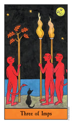 Card titled 'Three of Imps' featuring three red imp-like figures with torches and a black cat on a dark background.
