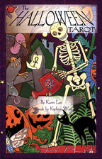 Cover of 'The Halloween Tarot' with a skeleton, cat, and pumpkins on a colorful background.