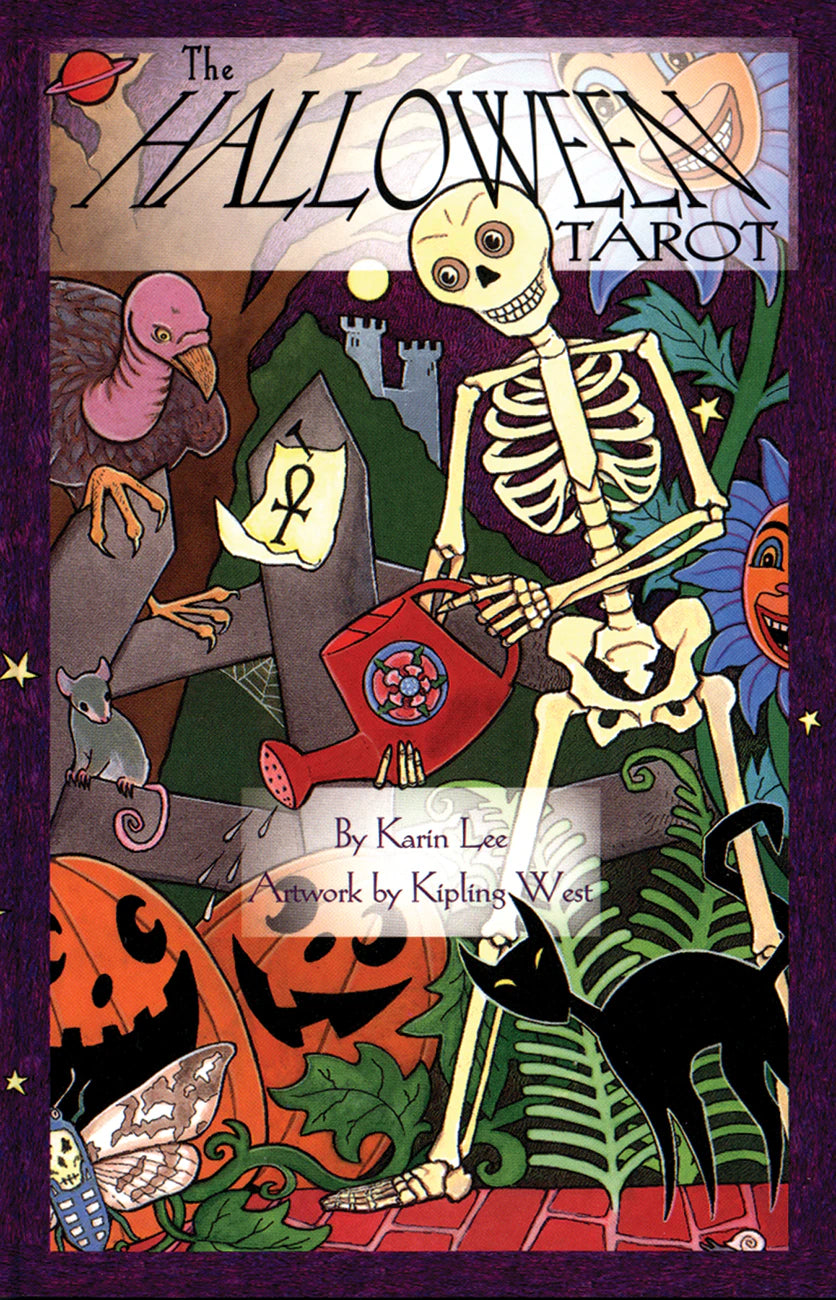 Cover of 'The Halloween Tarot' with a skeleton, cat, and pumpkins on a colorful background.