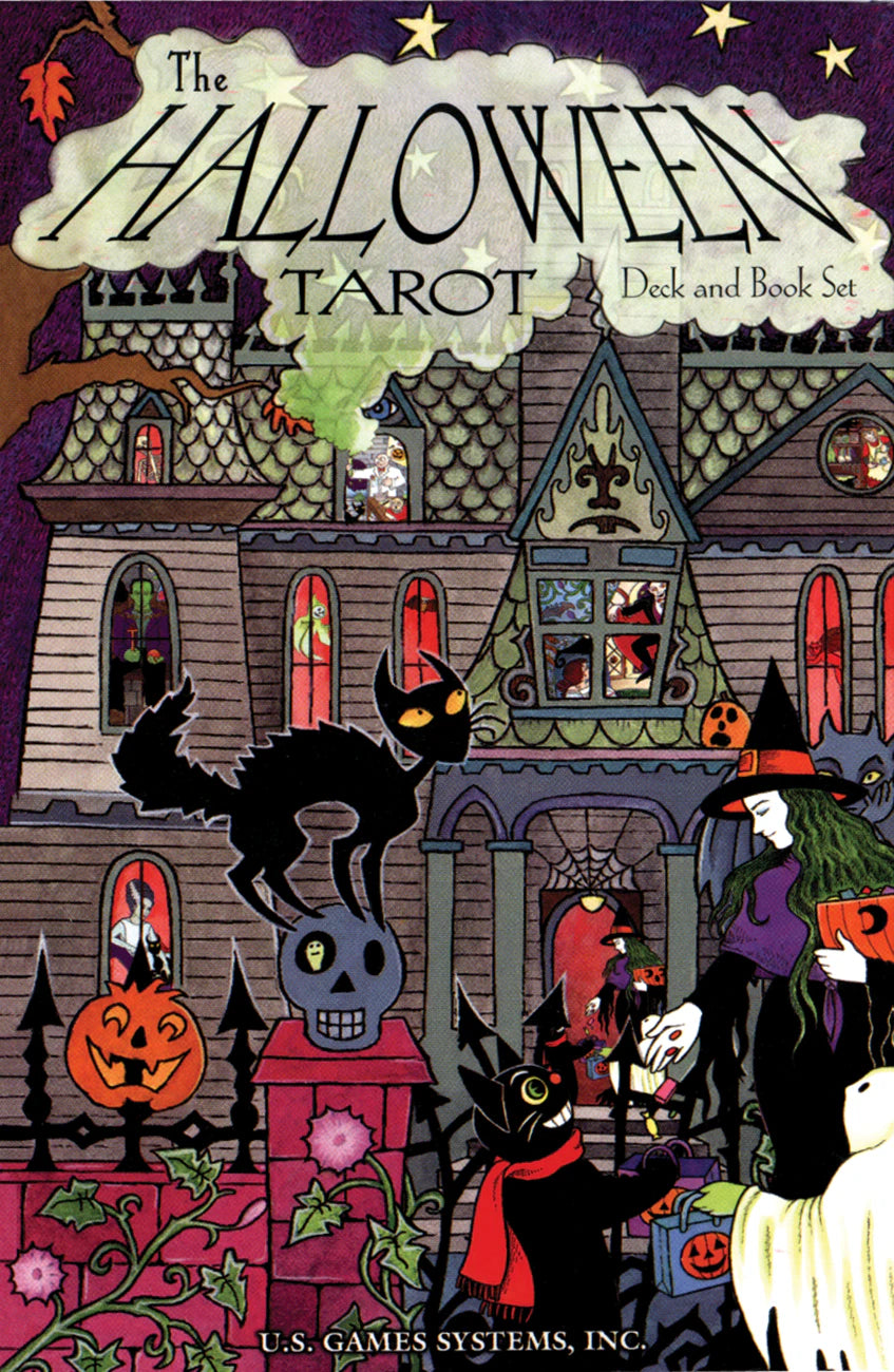 Cover of 'The Halloween Tarot' deck and book set with a haunted house and witch illustration.