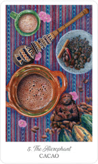 Cacao-themed card with a cup of cacao, beans, and other elements on a striped background.