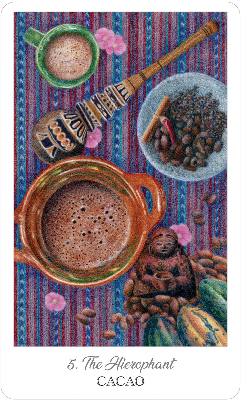 Cacao-themed card with a cup of cacao, beans, and other elements on a striped background.