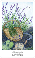 Card featuring a basket with lavender and gardening tools on a blue background