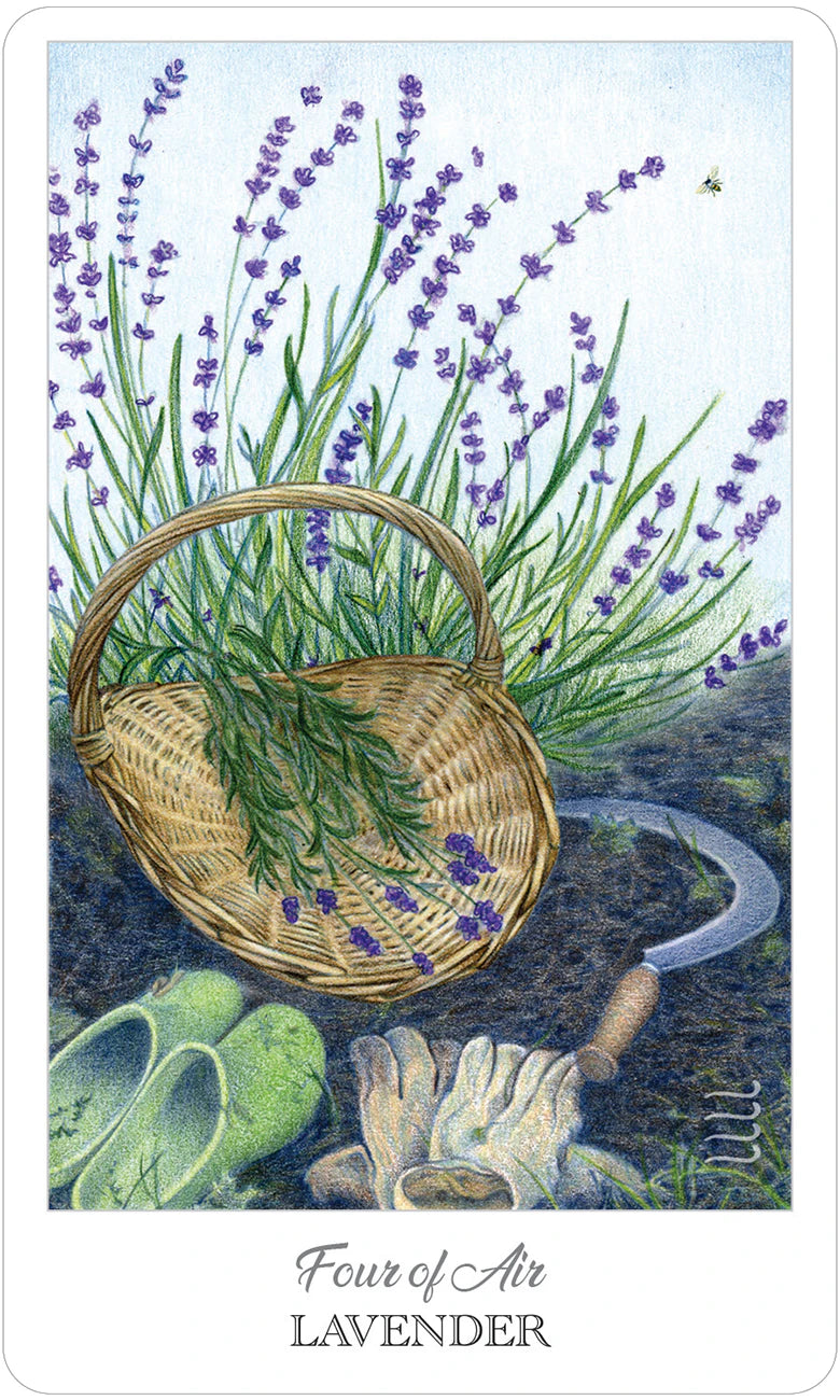 Card featuring a basket with lavender and gardening tools on a blue background