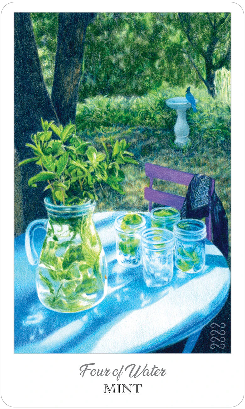 Card from a tarot deck showing a table with jars of water and mint leaves, set against a natural background.