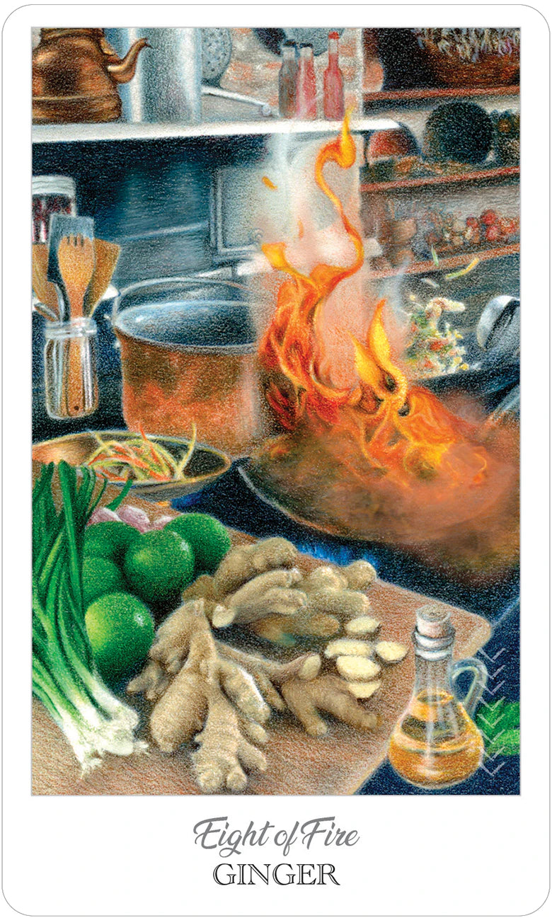 Card from a tarot deck showing flames, cooking ingredients, and a pot on fire with 'Eight of Fire' and 'Ginger' text.