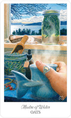 Card from a tarot deck showing a hand holding a cup with a jar of water and plants on a windowsill.