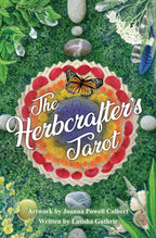 Book cover of 'The Herbcrafters Tarot' with a colorful tarot card design and nature elements.