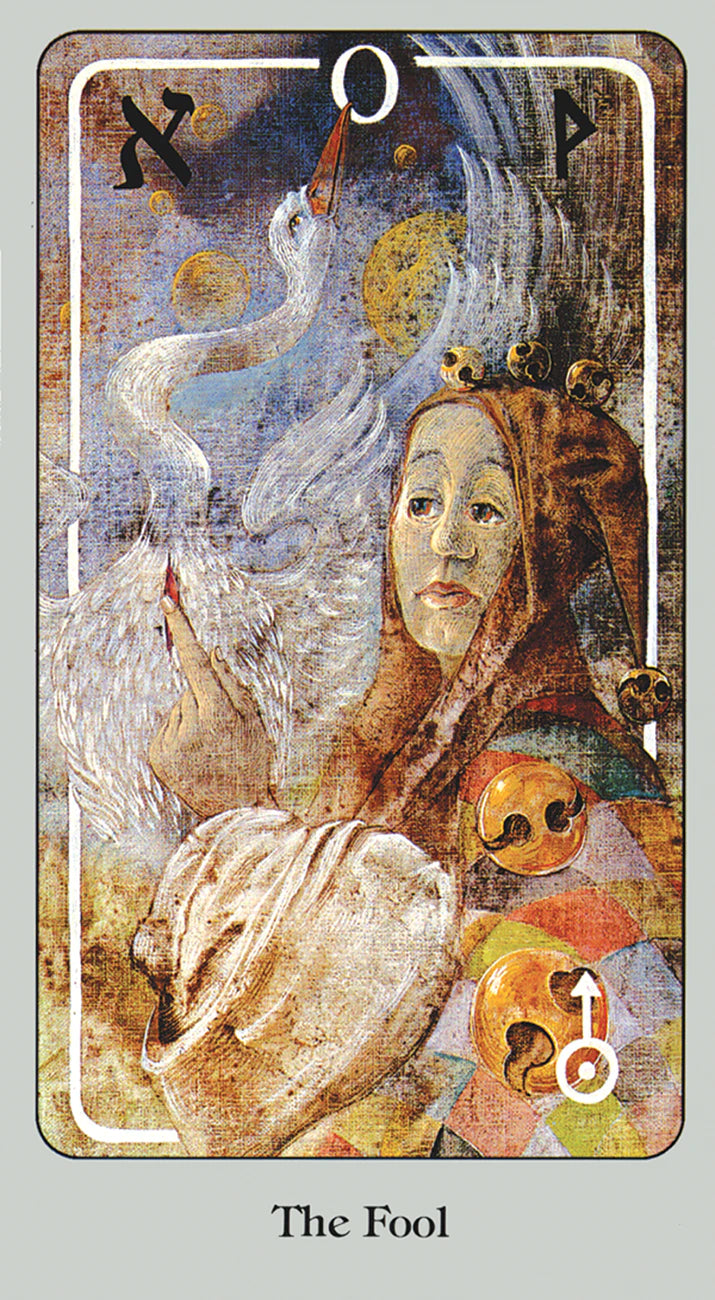 Tarot card titled 'The Fool' with a stylized illustration of a person and animals.
